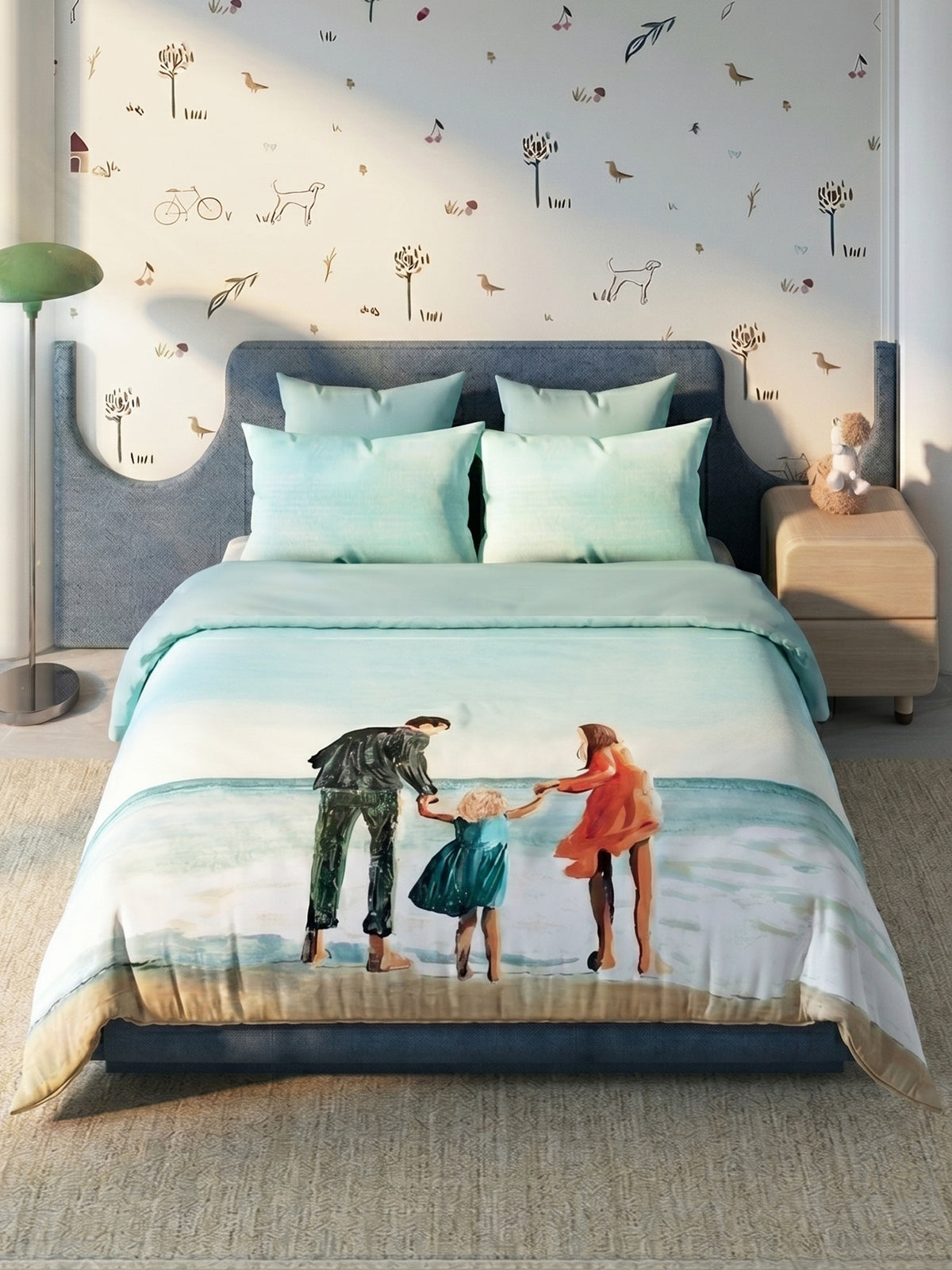 LABHAM Happy Home 200TC Natura Soft Beach Walk Print Mint Green Bedsheet Set With 2 Matching Pillow Covers - King Size