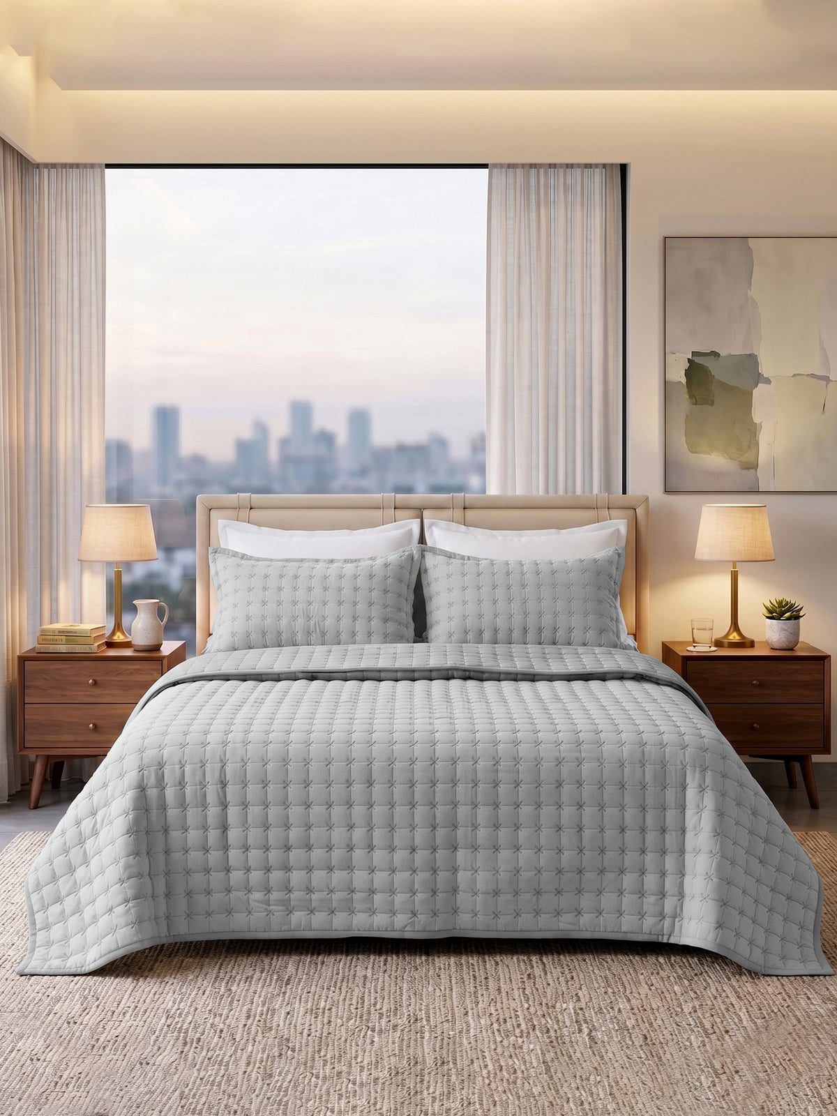 SOLACE 300GSM Cross Stitch Embroidered Quilt Bed Cover Set with 2 Pillow Covers – King Size