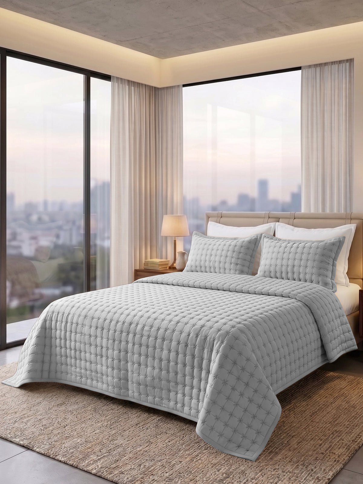 SOLACE 300GSM Cross Stitch Embroidered Quilt Bed Cover Set with 2 Pillow Covers – King Size
