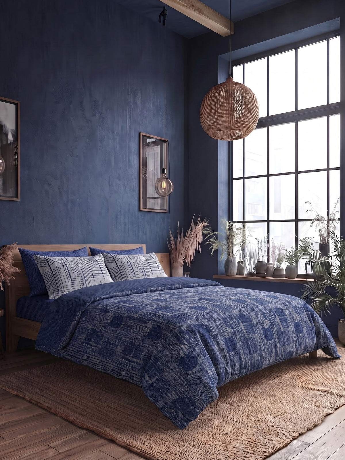LABHAM Indigo 200TC Natura Soft Bedsheet Set With 2 Matching Pillow Covers - King Size