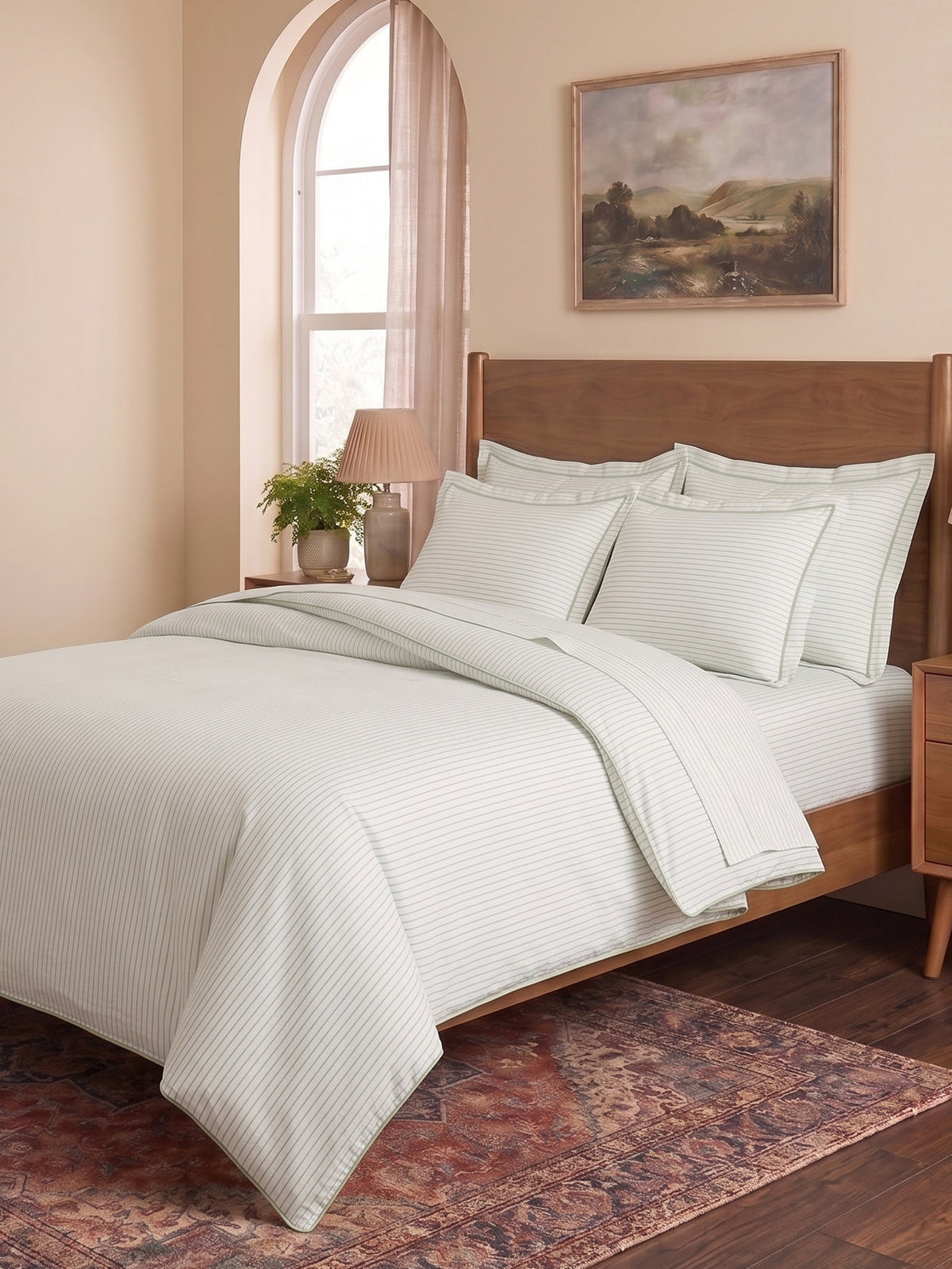 LABHAM Hemline 500TC 100% Cotton Printed King Size Bedsheet Set with 2 Matching Pillow Covers - King Size (Pista Pinstripe )