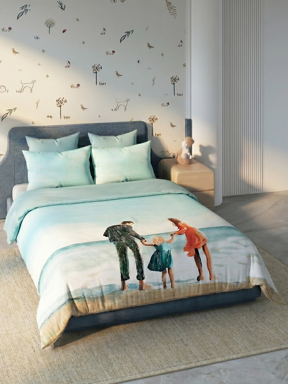 LABHAM Happy Home 200TC NaturaSoft bedsheet in Beach Walk Print Mint Green, styled on a king bed