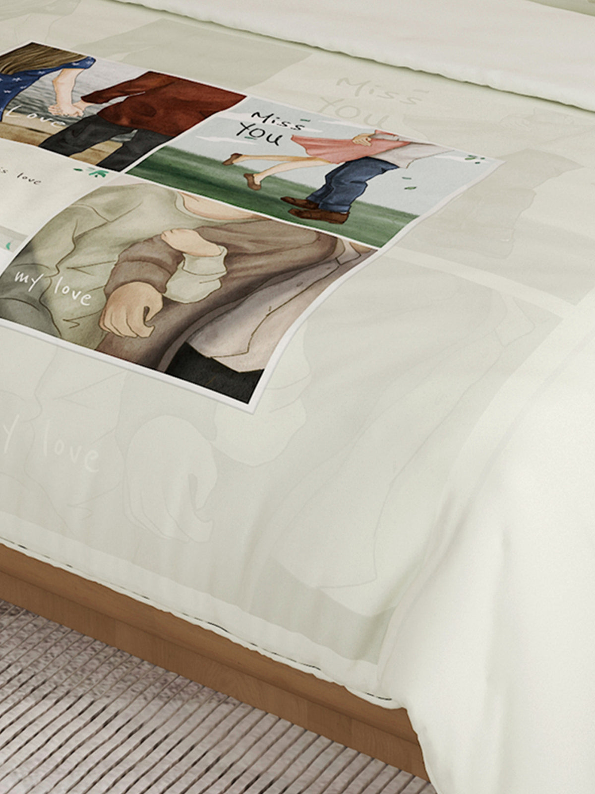 Love Forever 200TC Natura Soft Vanilla Cream Memory Lane Couple Print Bedsheet Set With 2 Matching Pillow Covers - King Size