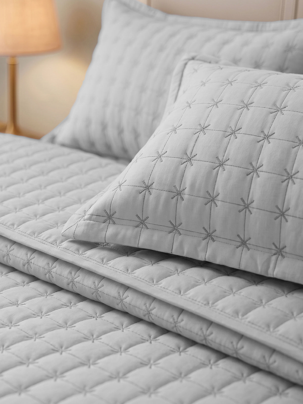 SOLACE 300GSM Cross Stitch Embroidered Quilt Bed Cover Set with 2 Pillow Covers – King Size