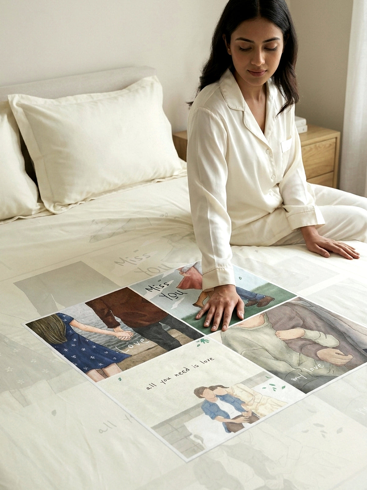 Love Forever 200TC Natura Soft Vanilla Cream Memory Lane Couple Print Bedsheet Set With 2 Matching Pillow Covers - King Size