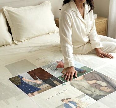 LABHAM Love Forever 200TC Natura Soft Vanilla Cream Memory Lane Couple Print Bedsheet Set With 2 Matching Pillow Covers - King Size