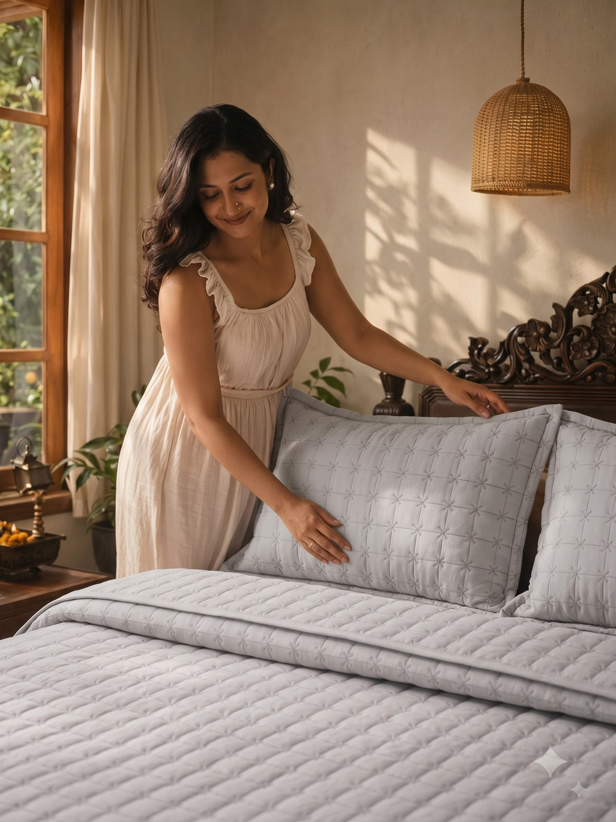 SOLACE 300GSM Cross Stitch Embroidered Quilt Bed Cover Set with 2 Pillow Covers – King Size