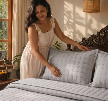 SOLACE 300GSM Cross Stitch Embroidered Quilt Bed Cover Set with 2 Pillow Covers – King Size