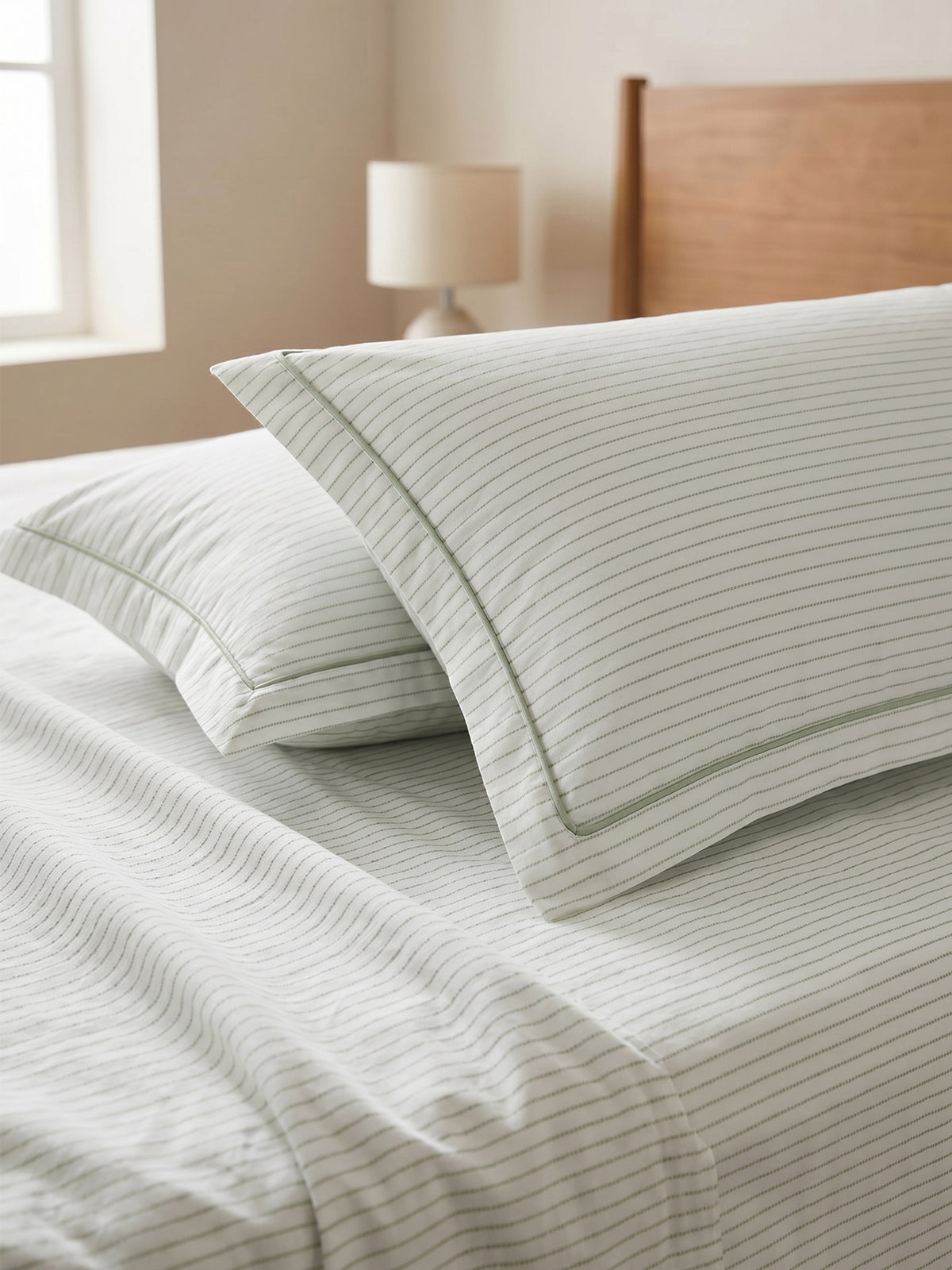 LABHAM Hemline 500TC 100% Cotton Printed King Size Bedsheet Set with 2 Matching Pillow Covers - King Size (Pista Pinstripe )