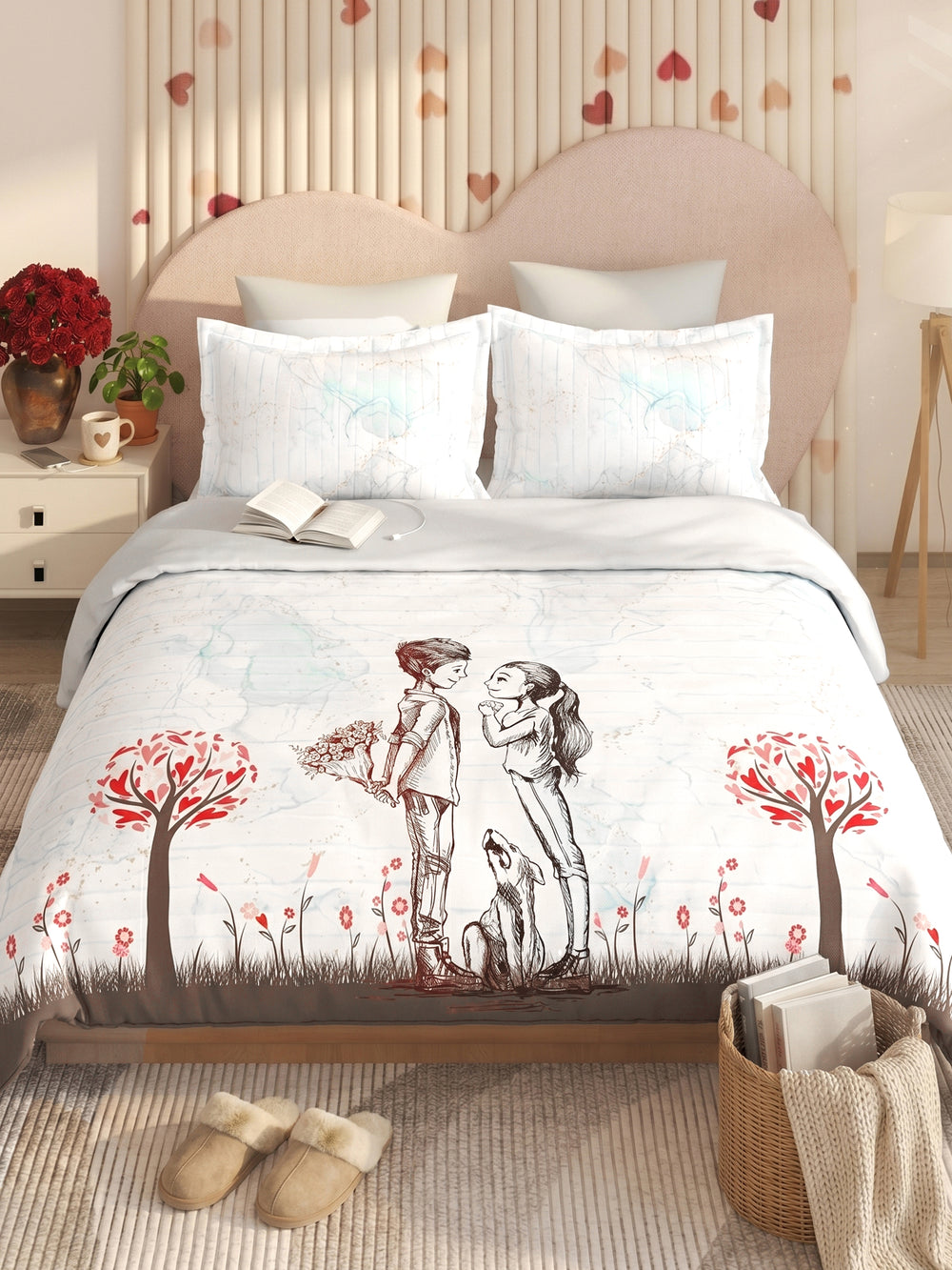 LABHAM Love Forever 200TC NaturaSoft bedsheet in Pearl White Sketch Love Garden Print, styled on a king bed