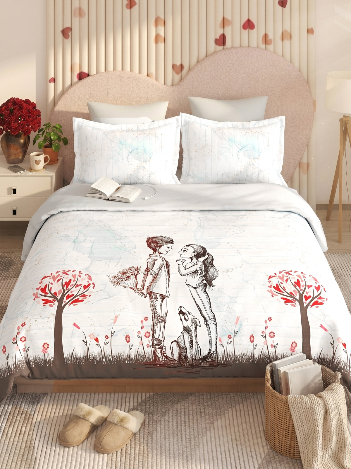 LABHAM Love Forever 200TC Natura Soft Pearl White Sketch Love Garden Print Bedsheet Set With 2 Matching Pillow Covers - King Size