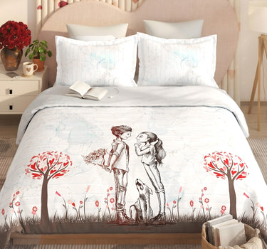 LABHAM Love Forever 200TC Natura Soft Pearl White Sketch Love Garden Print Bedsheet Set With 2 Matching Pillow Covers - King Size