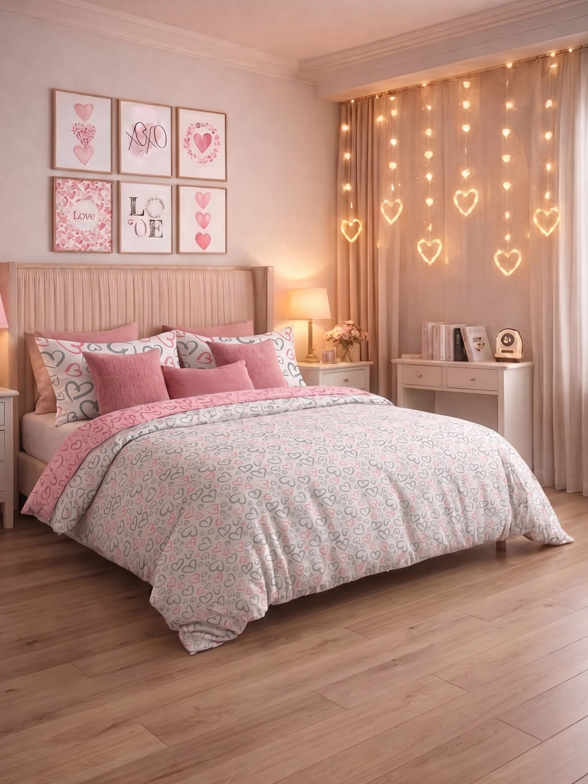 Love Forever 200TC Natura Soft Coral Multi Heart Doodle Print Bedsheet Set With 2 Matching Pillow Covers - King Size