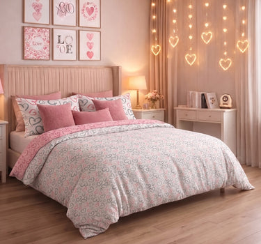 Love Forever 200TC Natura Soft Coral Multi Heart Doodle Print Bedsheet Set With 2 Matching Pillow Covers - King Size