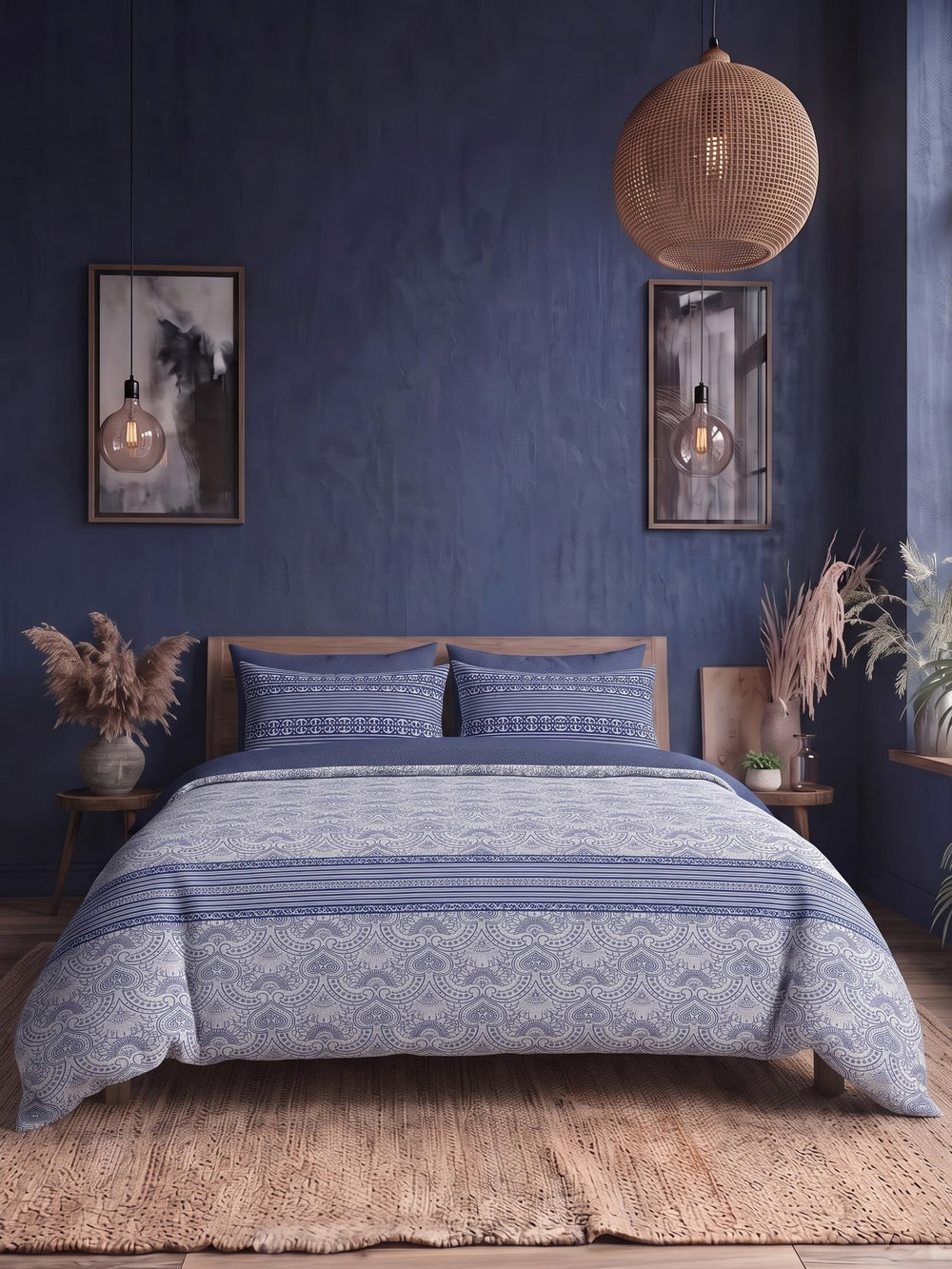 LABHAM Indigo 200TC NaturaSoft bedsheet in Bedsheet Set With 2 Matching Pillow Covers - King Size, styled on a king bed