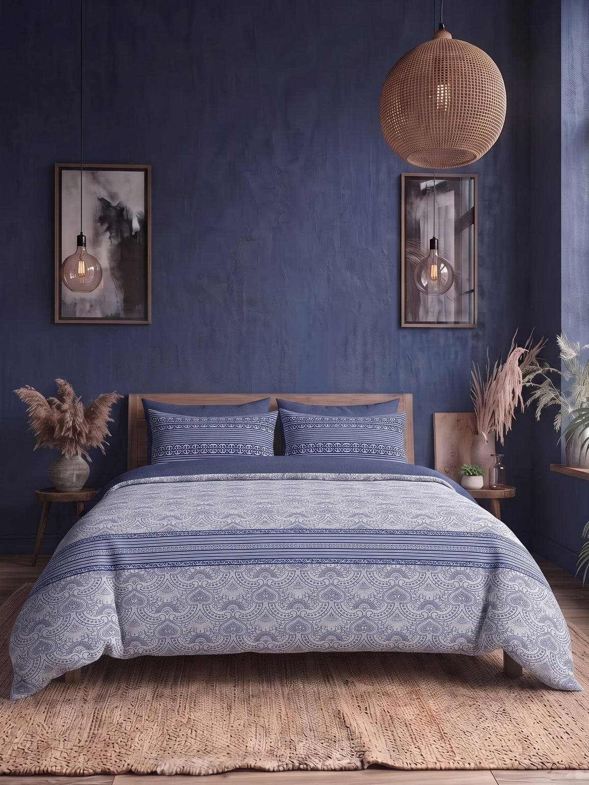 LABHAM Indigo 200TC Natura Soft Bedsheet Set With 2 Matching Pillow Covers - King Size