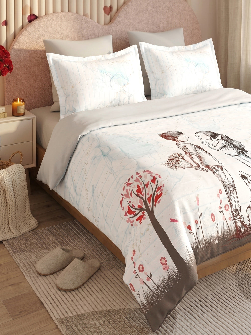 LABHAM Love Forever 200TC NaturaSoft bedsheet in Pearl White Sketch Love Garden Print, styled on a king bed