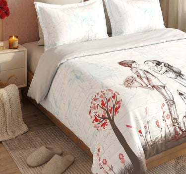 LABHAM Love Forever 200TC Natura Soft Pearl White Sketch Love Garden Print Bedsheet Set With 2 Matching Pillow Covers - King Size