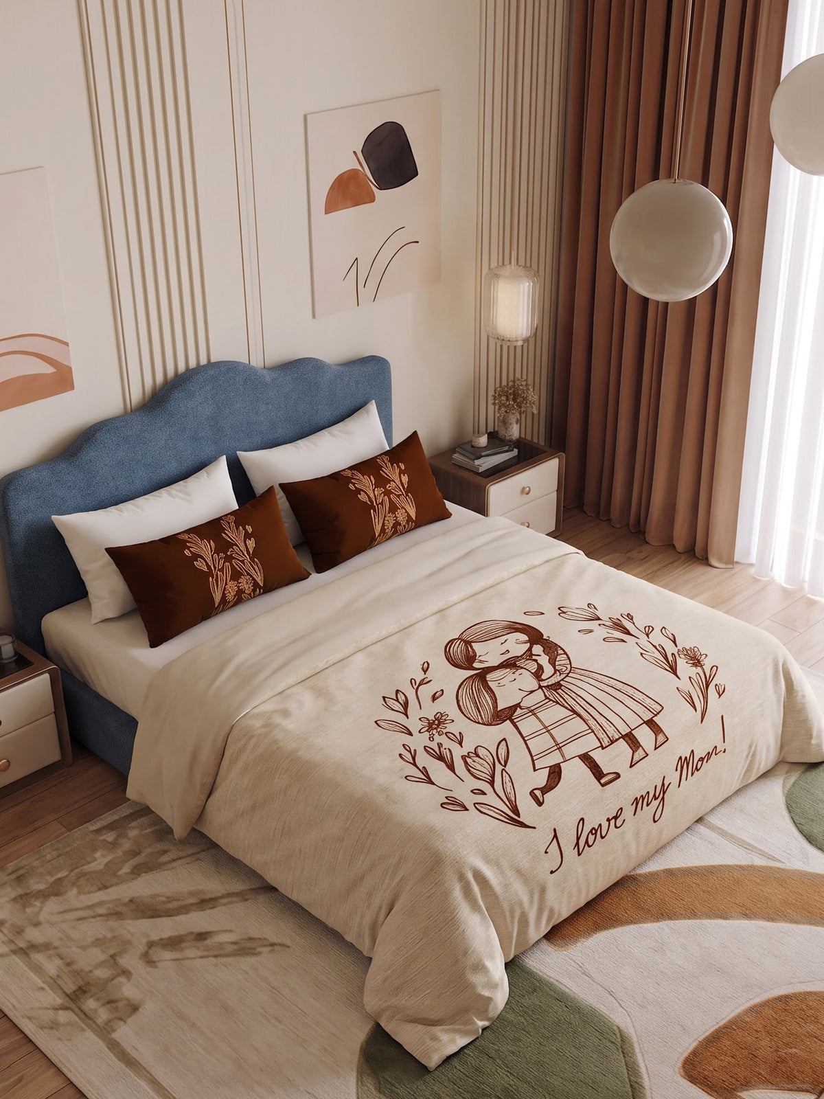Happy Home 200TC Natura Soft I Love Mom Print Beige Bedsheet Set With 2 Matching Pillow Covers - King Size