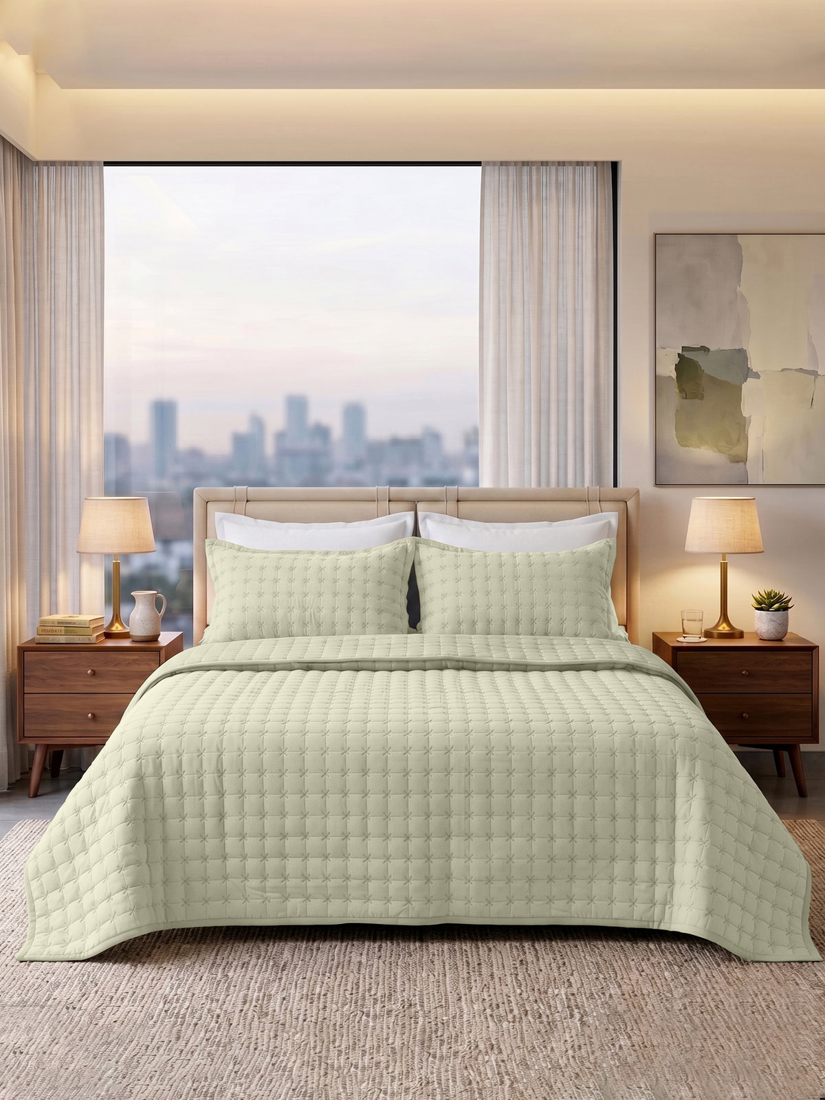SOLACE 300GSM Cross Stitch Embroidered Quilt Bed Cover Set with 2 Pillow Covers – King Size
