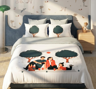 LABHAM Happy Home 200TC Natura Soft Picnic Family Print Orange Bedsheet Set With 2 Matching Pillow Covers - King Size