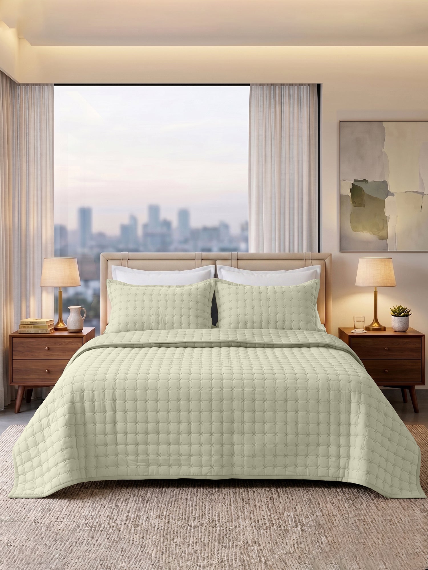 SOLACE 300GSM Cross Stitch Embroidered Quilt Bed Cover Set with 2 Pillow Covers – King Size