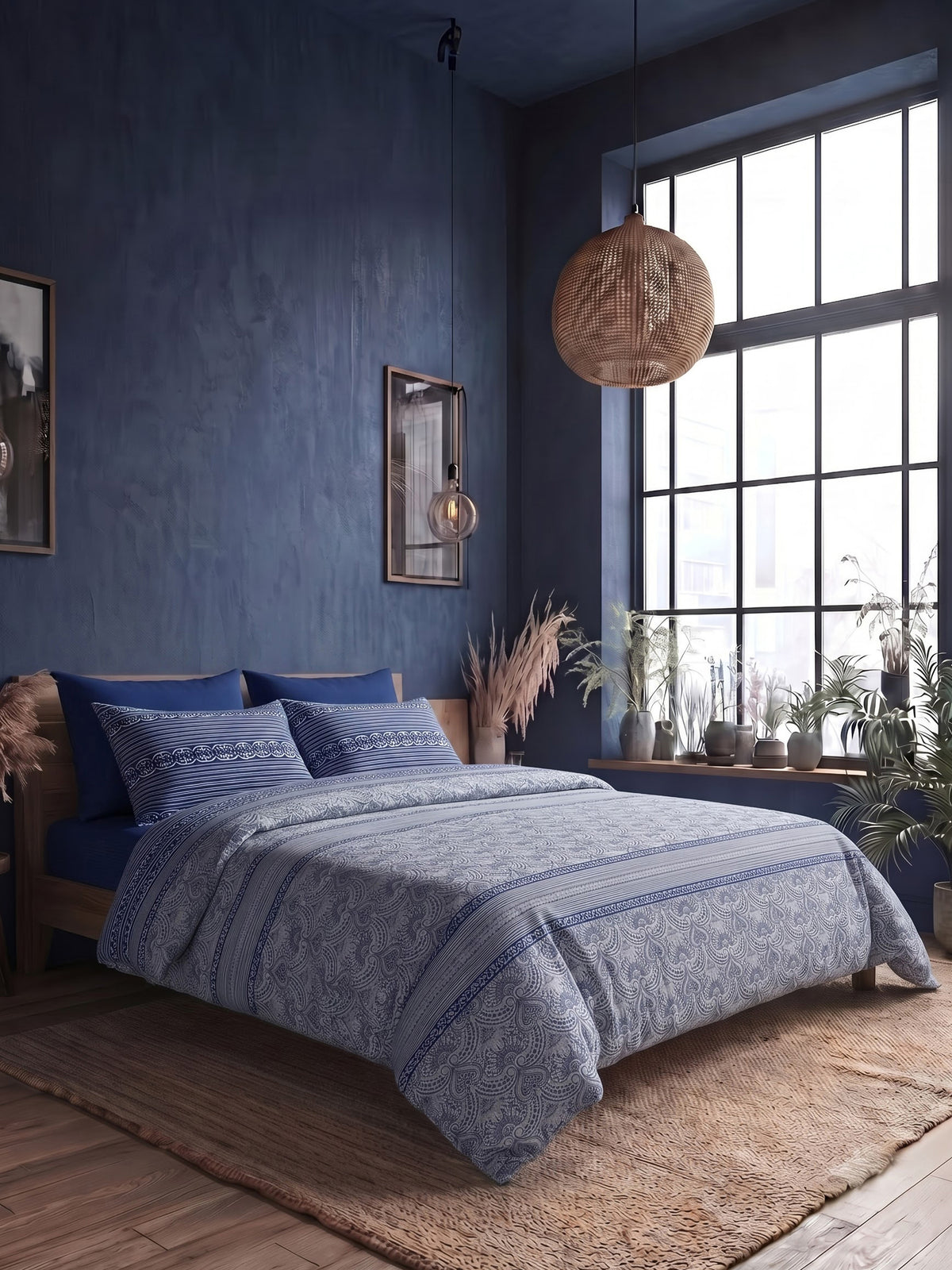 LABHAM Indigo 200TC Natura Soft Bedsheet Set With 2 Matching Pillow Covers - King Size