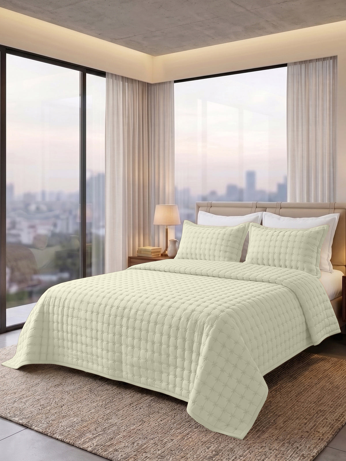 SOLACE 300GSM Cross Stitch Embroidered Quilt Bed Cover Set with 2 Pillow Covers – King Size