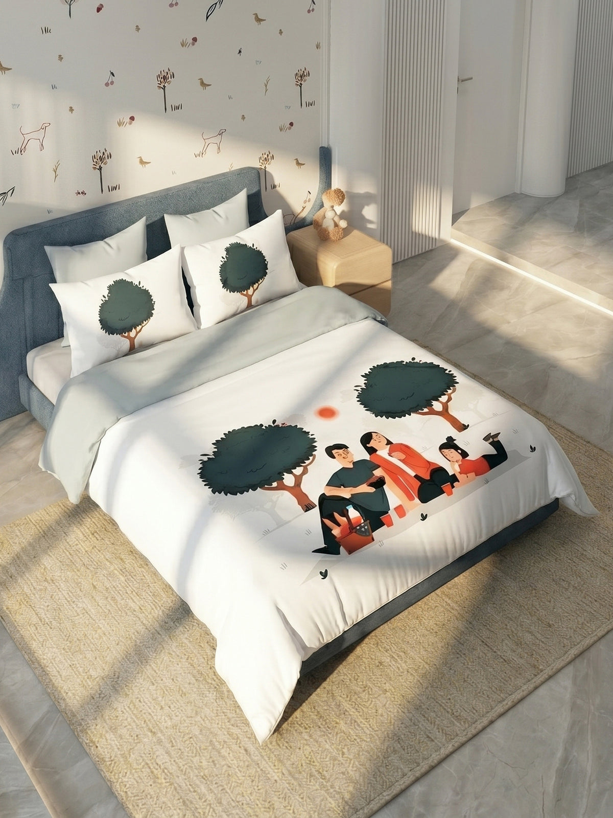 Happy Home 200TC Natura Soft Picnic Family Print Orange Bedsheet Set With 2 Matching Pillow Covers - King Size
