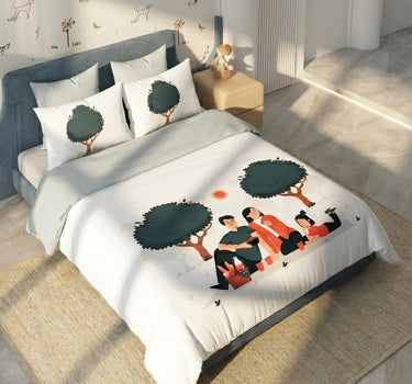 LABHAM Happy Home 200TC Natura Soft Picnic Family Print Orange Bedsheet Set With 2 Matching Pillow Covers - King Size