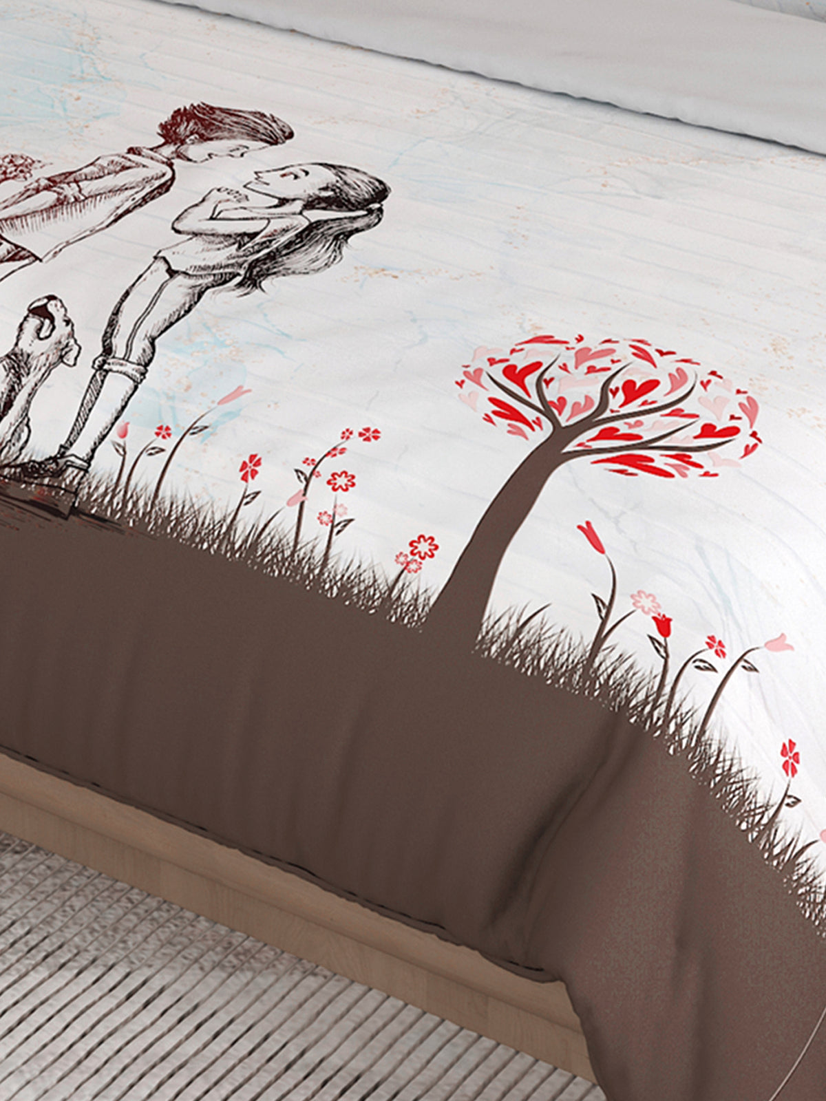 LABHAM Love Forever 200TC Natura Soft Pearl White Sketch Love Garden Print Bedsheet Set With 2 Matching Pillow Covers - King Size