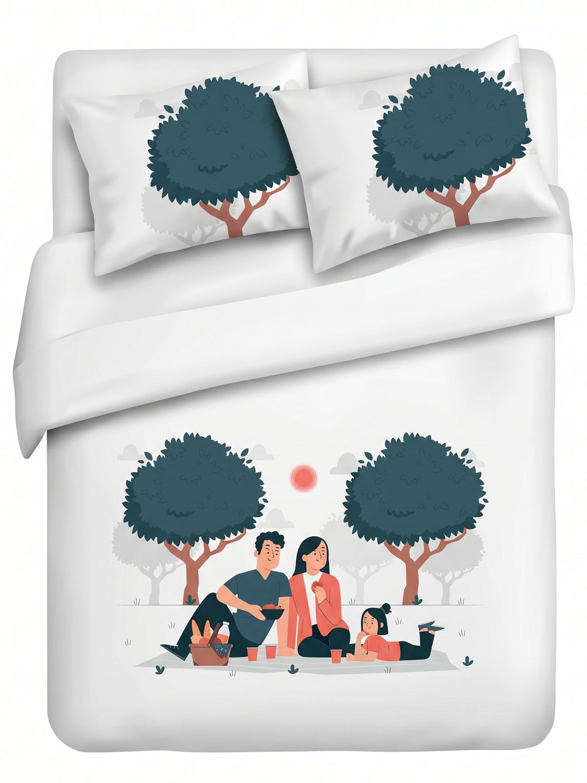 Happy Home 200TC Natura Soft Picnic Family Print Orange Bedsheet Set With 2 Matching Pillow Covers - King Size