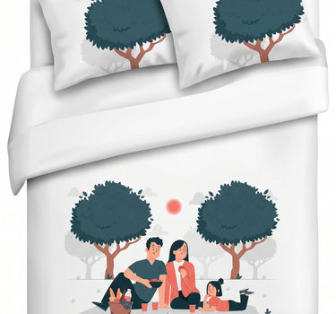 LABHAM Happy Home 200TC Natura Soft Picnic Family Print Orange Bedsheet Set With 2 Matching Pillow Covers - King Size