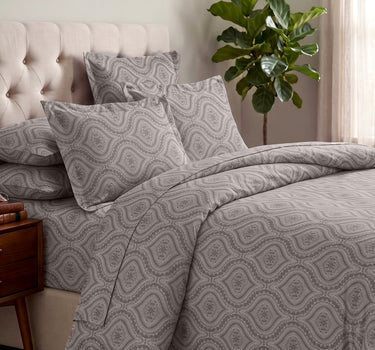 LABHAM Kadambari 300TC cotton king bedsheet in taupe — Moroccan ogee damask percale (view 1)