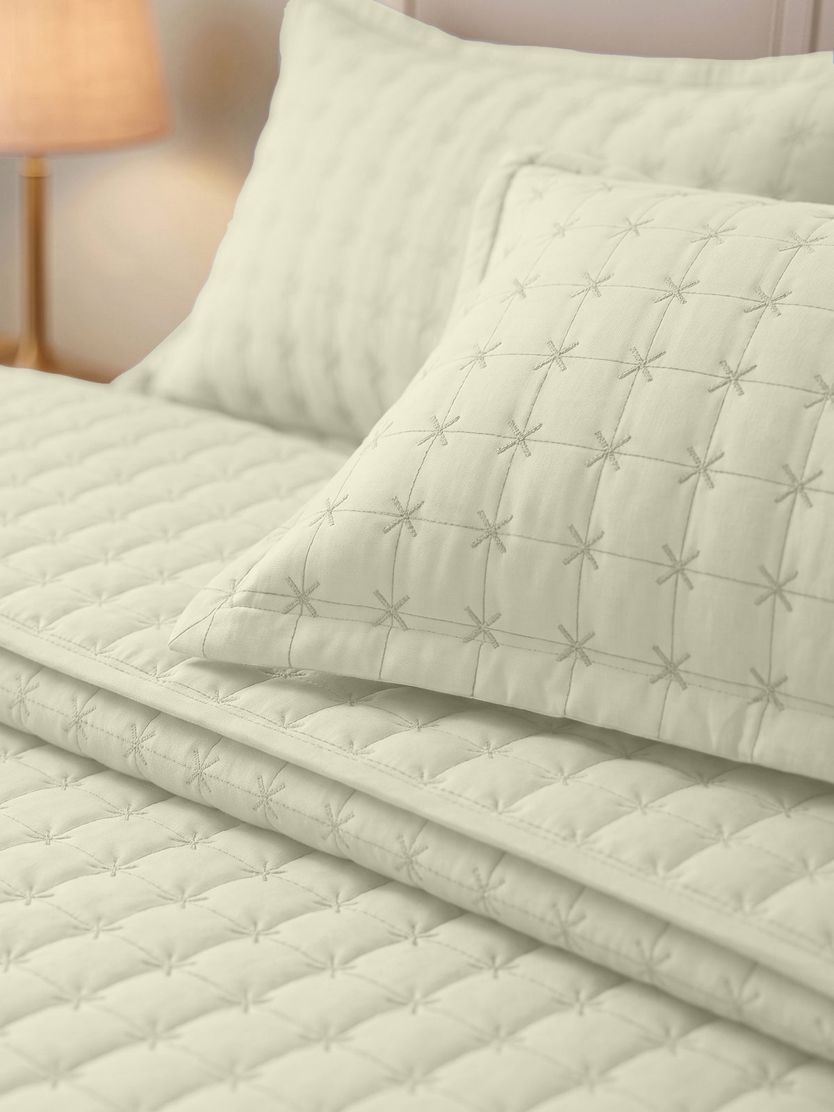 SOLACE 300GSM Cross Stitch Embroidered Quilt Bed Cover Set with 2 Pillow Covers – King Size