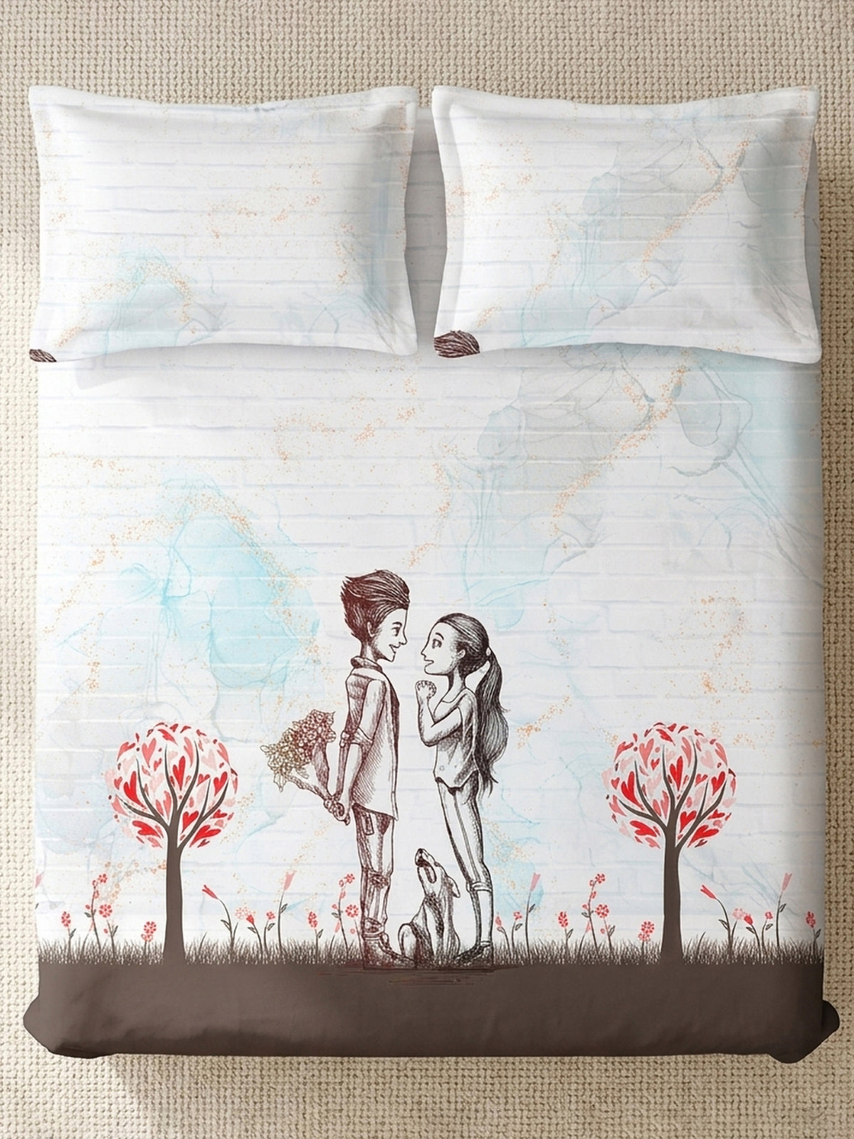 LABHAM Love Forever 200TC Natura Soft Pearl White Sketch Love Garden Print Bedsheet Set With 2 Matching Pillow Covers - King Size