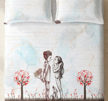 LABHAM Love Forever 200TC Natura Soft Pearl White Sketch Love Garden Print Bedsheet Set With 2 Matching Pillow Covers - King Size