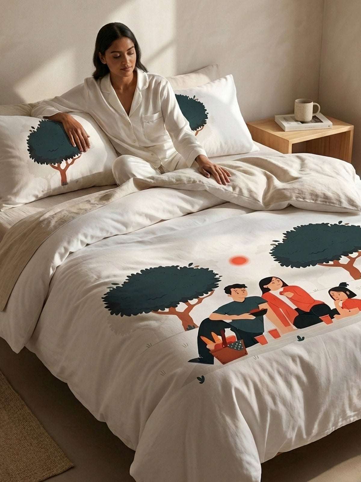 Happy Home 200TC Natura Soft Picnic Family Print Orange Bedsheet Set With 2 Matching Pillow Covers - King Size