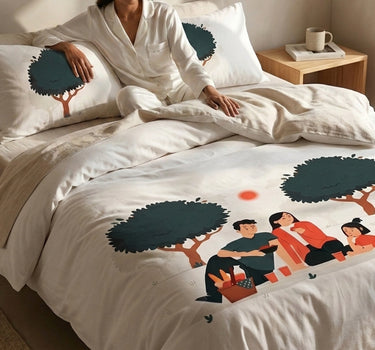 LABHAM Happy Home 200TC Natura Soft Picnic Family Print Orange Bedsheet Set With 2 Matching Pillow Covers - King Size