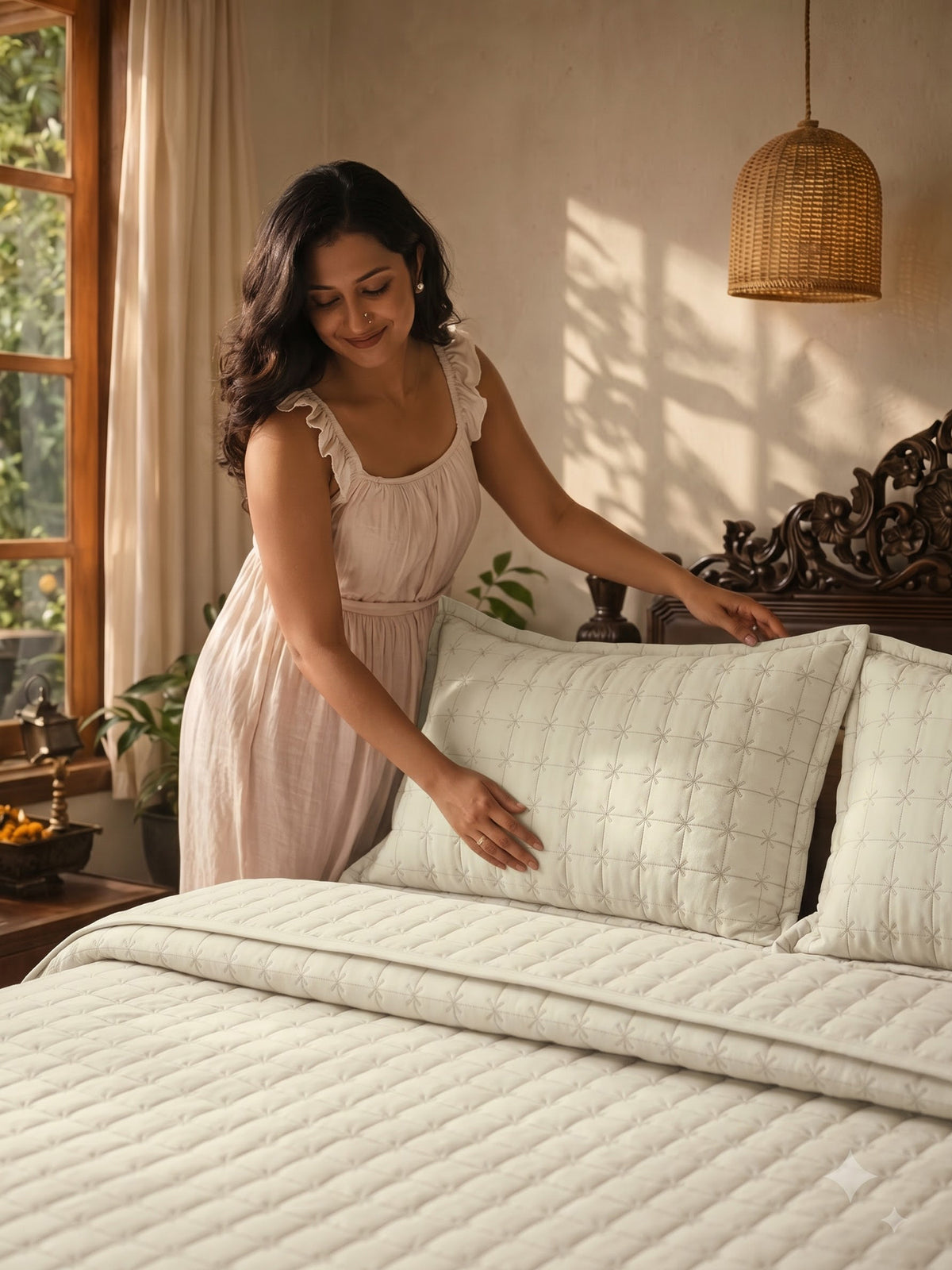 SOLACE 300GSM Cross Stitch Embroidered Quilt Bed Cover Set with 2 Pillow Covers – King Size