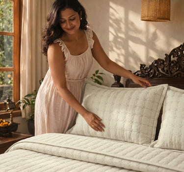 SOLACE 300GSM Cross Stitch Embroidered Quilt Bed Cover Set with 2 Pillow Covers – King Size