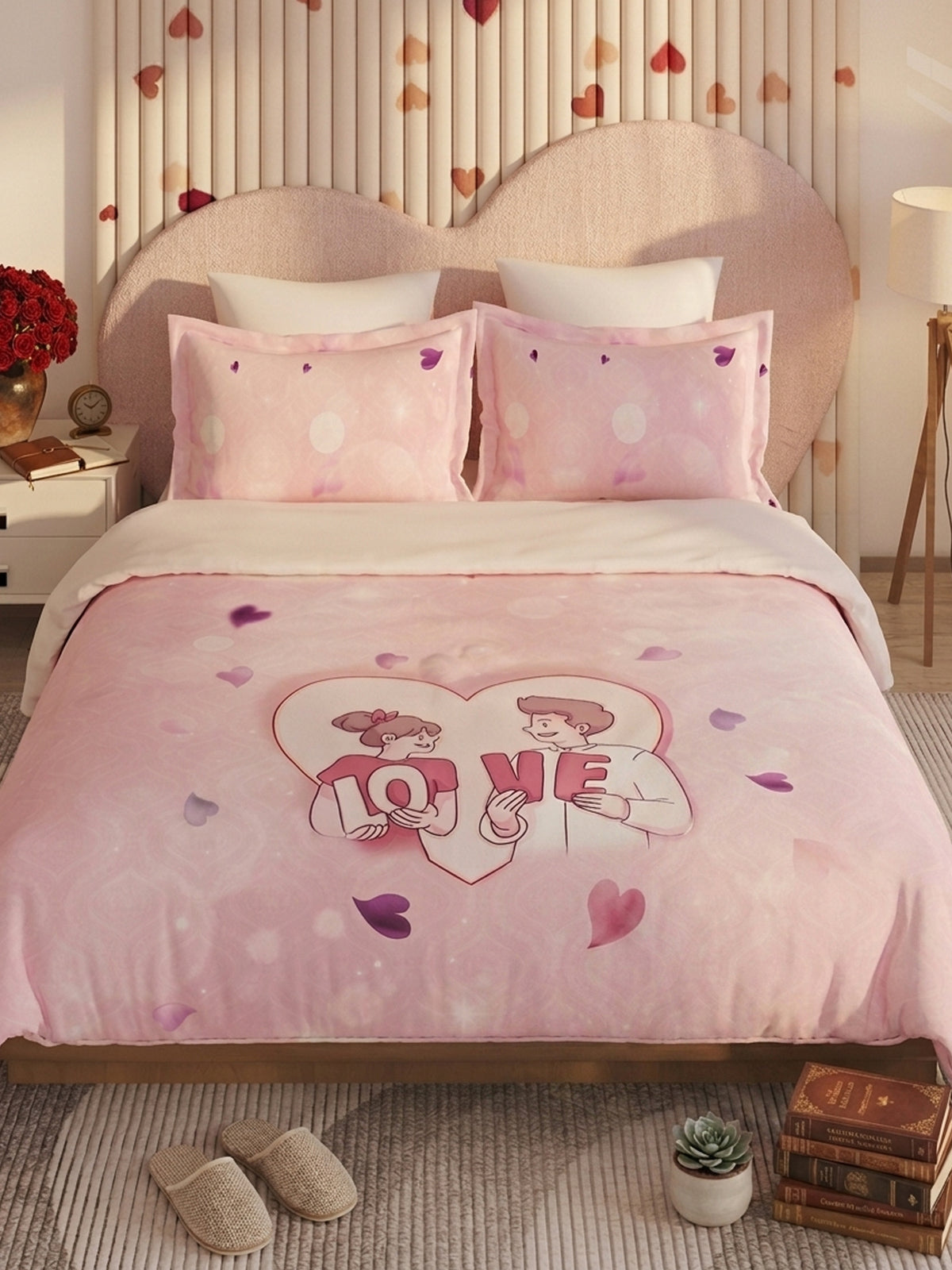 Love Forever 200TC Natura Soft Blush Pink LOVE Couple Print Bedsheet Set With 2 Matching Pillow Covers - King Size