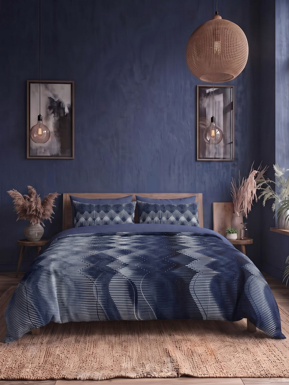 LABHAM Indigo 200TC NaturaSoft bedsheet in Bedsheet Set With 2 Matching Pillow Covers - King Size, styled on a king bed