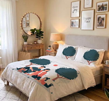 Happy Home 200TC Natura Soft Picnic Family Print Orange Bedsheet Set With 2 Matching Pillow Covers - King Size
