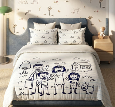 LABHAM Happy Home 200TC Natura Soft Doodle Family Print Navy Blue Bedsheet Set With 2 Matching Pillow Covers - King Size