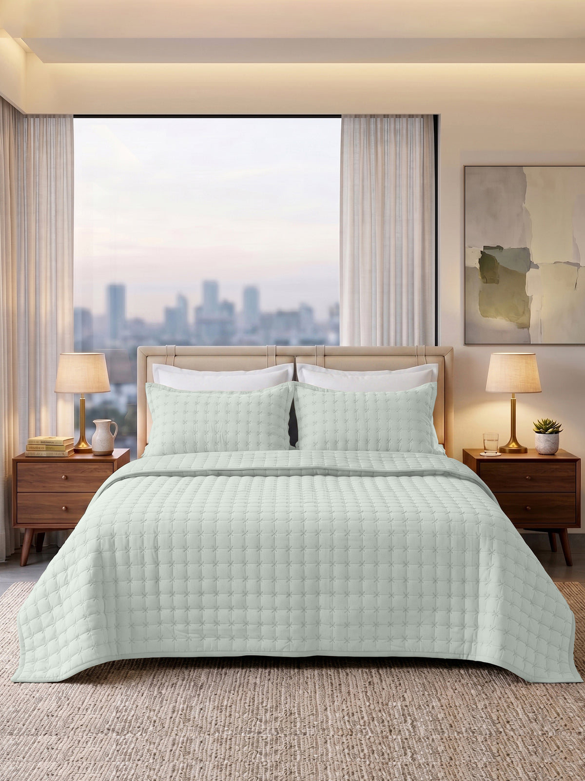 SOLACE 300GSM Cross Stitch Embroidered Quilt Bed Cover Set with 2 Pillow Covers – King Size