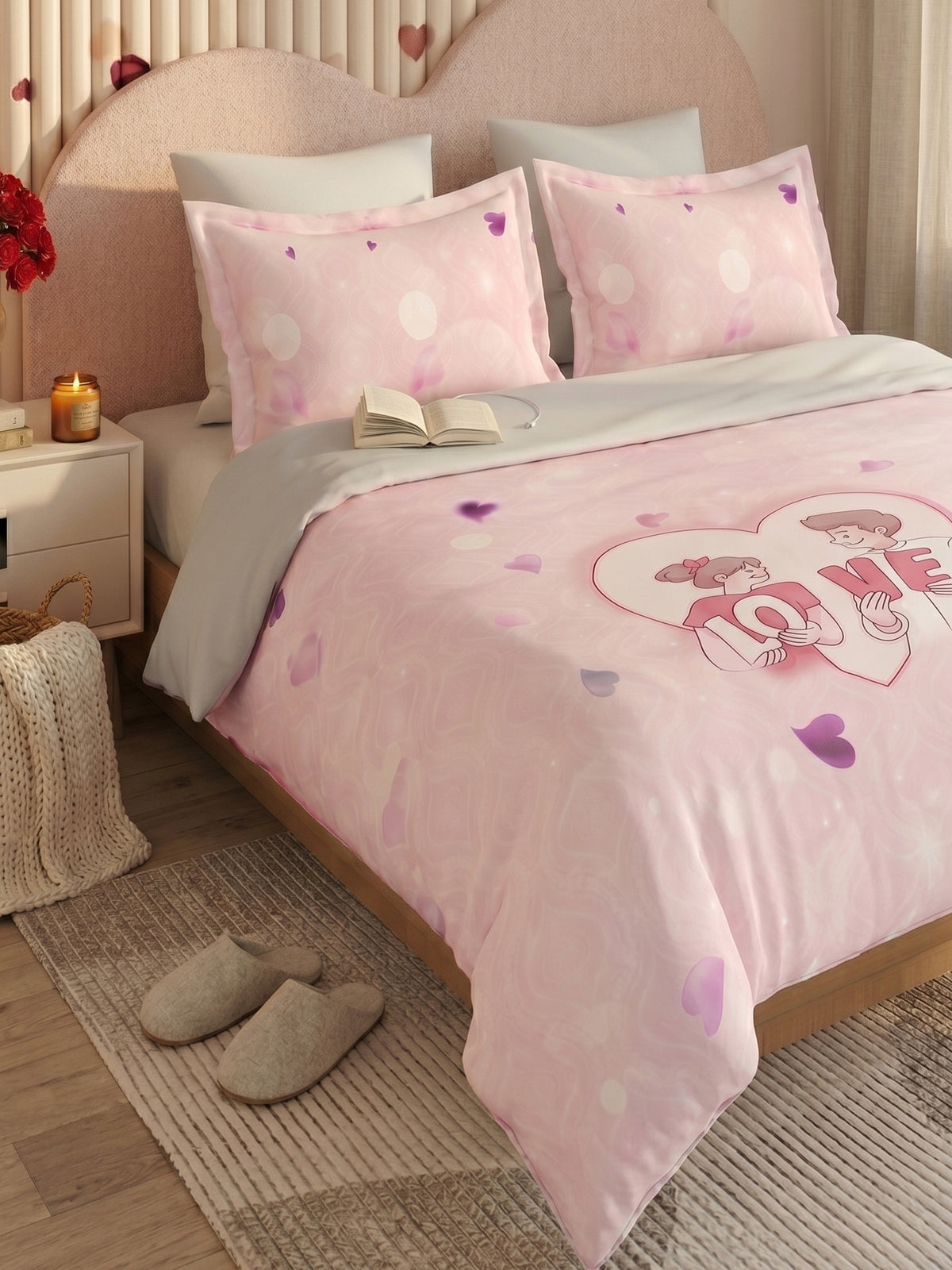 Love Forever 200TC Natura Soft Blush Pink LOVE Couple Print Bedsheet Set With 2 Matching Pillow Covers - King Size