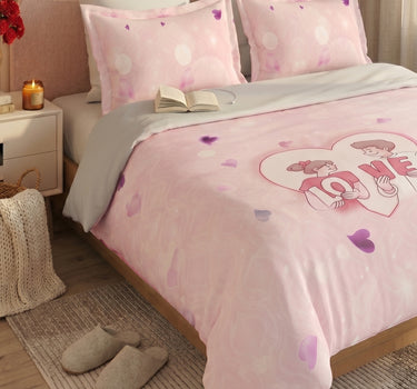 LABHAM Love Forever 200TC Natura Soft Blush Pink LOVE Couple Print Bedsheet Set With 2 Matching Pillow Covers - King Size