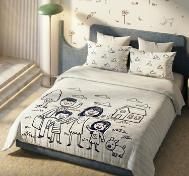 LABHAM Happy Home 200TC Natura Soft Doodle Family Print Navy Blue Bedsheet Set With 2 Matching Pillow Covers - King Size