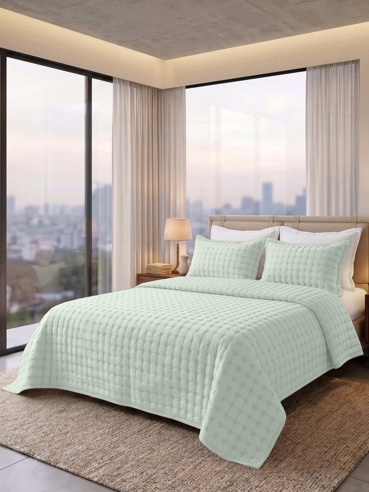 SOLACE 300GSM Cross Stitch Embroidered Quilt Bed Cover Set with 2 Pillow Covers – King Size